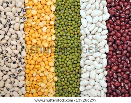 black eyes, yellow split pea, mung, navy and red bean for background uses