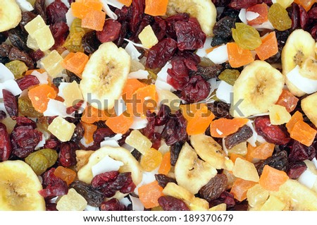 dried pineapple, banana chips, raisins, dried papaya and coconut for background uses