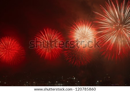 Night view and beauty of the fireworks  at Pattaya beach, Thailand