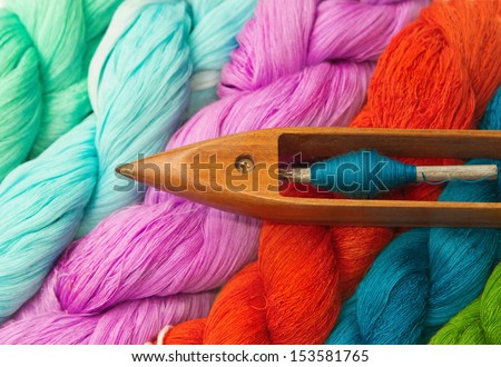 Colorful raw thread and wooden bobbin