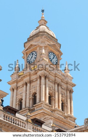 Clock tower of the historic city hall in Cape Town. On February 11, 1990, Nelson Mandela made his first public speech after his release from the balcony of the building