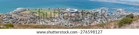 CAPE TOWN, SOUTH AFRICA - DECEMBER 18, 2014: Panorama of Sea Point, the Cape Town Stadium at Green Point, waterfront and harbor as seen from Signal Hill in Cape Town