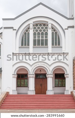Entrance to the Dutch Reformed Church, Riversdale in the Western Cape Province of South Africa. The text above the entrance says: The House of God, the gate to Heaven