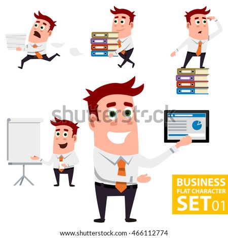 Flat Business Worker Set - Worker is running, folder carrying,searching, make presentations and showing tablet.