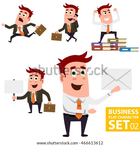 Flat Business Worker Set - Worker is running, carrying 
brief case ,celebrates his victory, holding signs and showing envelope.