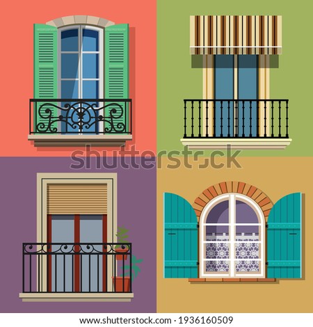 collection of architecture  elements  , window, balcony, wall, terrace, facade