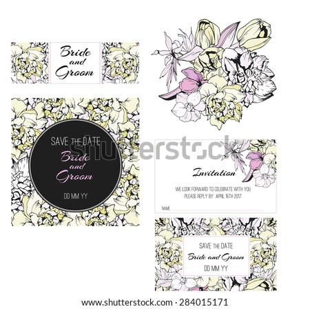 Invitation, save the date cards. Flowers invitation set.  Spring flowers cards.