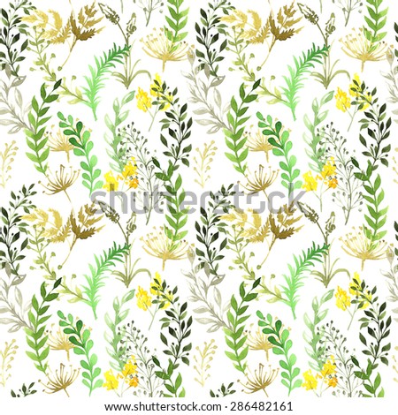 seamless pattern with silhouettes of flowers and grass, drawing by watercolor
