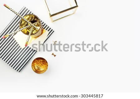 Header website or Hero website, view table gold accessories office items