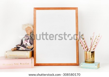 wooden picture frame with decorations. Mock up for your photo or text Place your work, print art,shabby style, white background