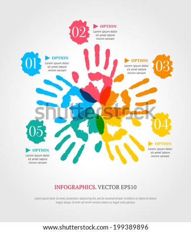 Hand prints with numbers. Creative infographic template for your business. Teamwork concept.