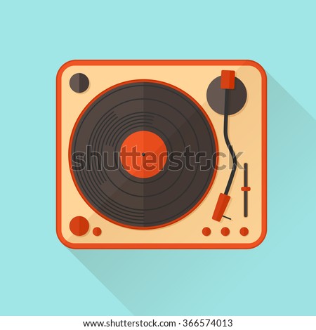 Orange vinyl turntable. Vector illustration. Flat style.