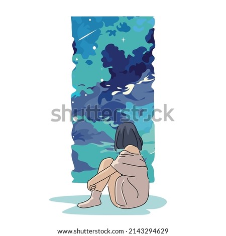 vector illustration of girl sitting and looking at the sky from the window	 Foto d'archivio © 