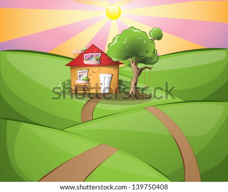 Cartoon House In The Middle Of A Rural Landscape On A Sunset, Eps 10 ...