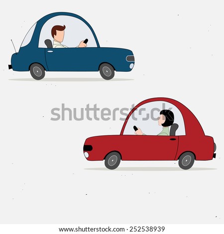 Vector Illustration With Two Cartoon Cars Drivers - 252538939