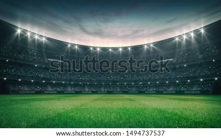 Empty green grass field and illuminated outdoor stadium with fans, front field view, grassy field sport building 3D professional background illustration