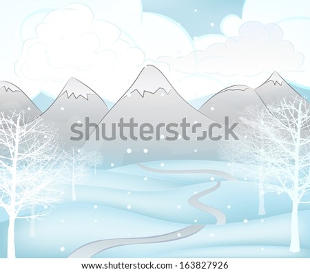 winter mountain landscape scene with broad leaf trees around path vector illustration