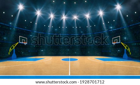 Basketball sport arena. Interior view to wooden floor of basketball court. Two basketball hoops side view. Digital 3D illustration of sport background.