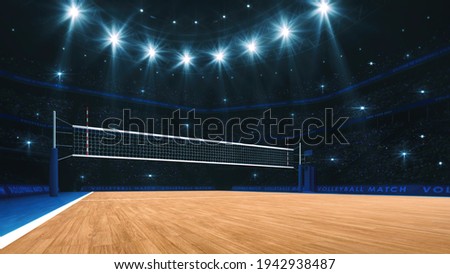 Sport arena interior and professional volleyball court and crowd of fans around. The player's view when serving. Digital 3D illustration.