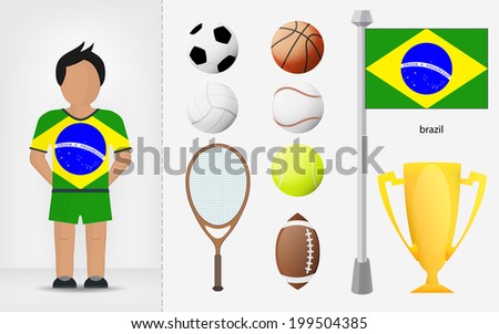 Brazilian sportsman with sport equipment collection vector illustrations