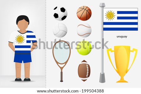 Uruguayan sportsman with sport equipment collection vector illustrations