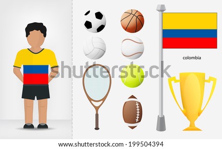 Colombian sportsman with sport equipment collection vector illustrations
