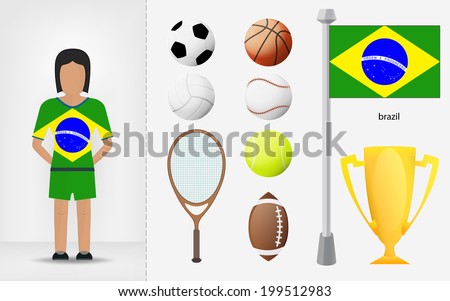 Brazilian sportswoman with sport equipment collection vector illustrations