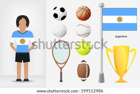 Argentine sportswoman with sport equipment collection vector illustrations