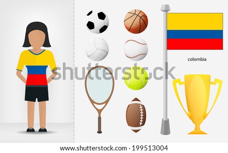 Colombian sportswoman with sport equipment collection vector illustrations