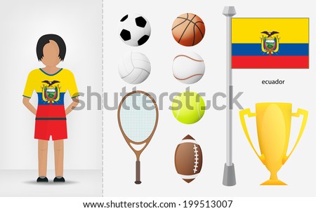 Ecuadorian sportswoman with sport equipment collection vector illustrations