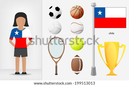 Chilean sportswoman with sport equipment collection vector illustrations