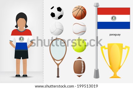 Paraguayan sportswoman with sport equipment collection vector illustrations