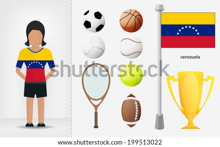 Venezuelan sportswoman with sport equipment collection vector illustrations