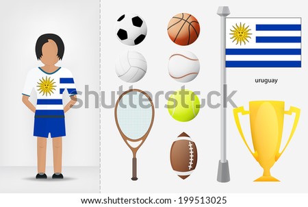 Uruguayan sportswoman with sport equipment collection vector illustrations