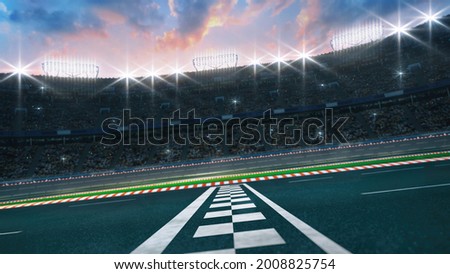 Asphalt racing track finish line side view with cheering fans and illuminated floodlights. Professional digital 3d illustration of racing sports.