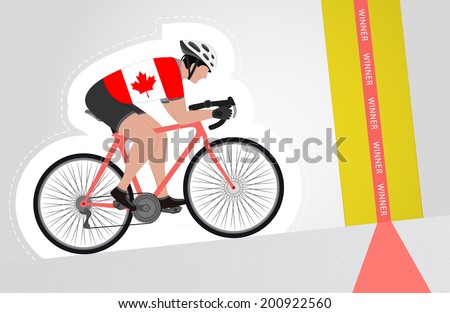 Canadian cyclist riding upwards to finish line vector isolated illustration