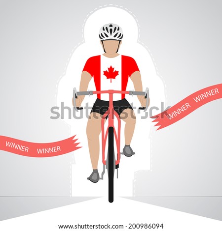 Canadian cyclist in front view crossing red finish line vector isolated illustration