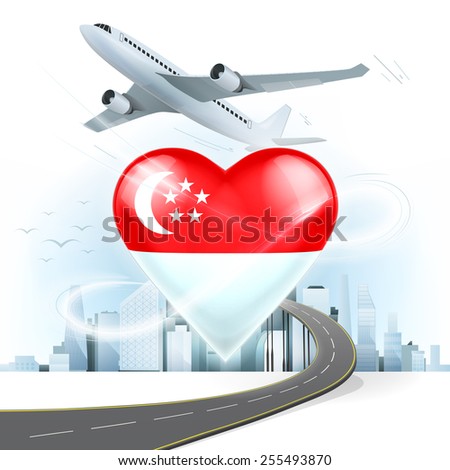 travel and transport concept with Singapore flag on heart vector illustration with cityscape background