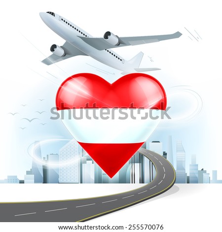travel and transport concept with Austria flag on heart vector illustration with cityscape background