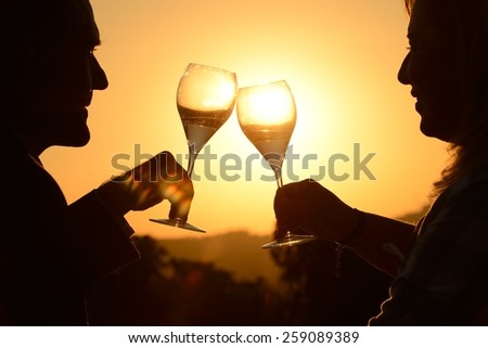 Couple toasting at sunset