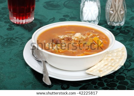 beef barley soup with a drink