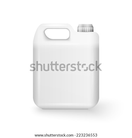 White Plastic Jerrycan Oil, Cleanser, Detergent, Abstergent, Liquid Soap, Milk, Juice On White Background Isolated.