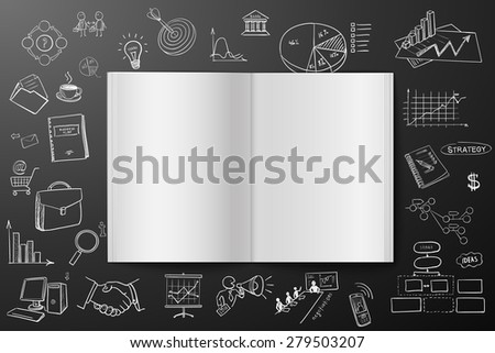 Magazine or book with drawing business strategy plan concept idea