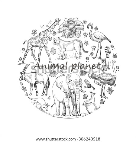 Hand drawn save animals emblem, animal planet, animals world. Cute animals in a circle shape