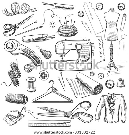 Hand drawn sewing icons set with a sewing machine, thread, scissors, spools, bobbins, cloth hanger, needles, ruler, clothes, mannequin, buttons.