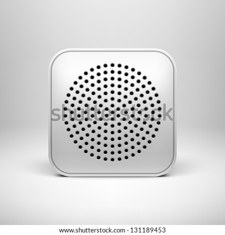 White technology app icon (button) blank template with circle perforated speaker grill texture, realistic shadow and light background for sites, web user interfaces (UI) and applications (apps).