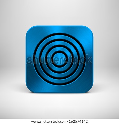 Blue abstract technology app icon, button template with circle perforated speaker grill pattern, metal texture (chrome, steel, silver) and realistic shadow for interfaces (UI) and applications (apps).