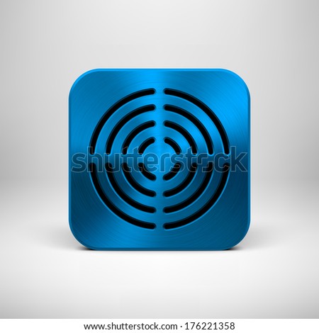 Blue abstract technology app icon, button template with circle perforated speaker grill pattern, metal texture (chrome, steel, silver) and realistic shadow for interfaces (UI) and applications (apps).