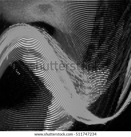 Glitch abstract background with distortion effect, random wave black and white, monochrome lines for design concepts, posters, wallpapers, presentations and prints. Vector illustration.