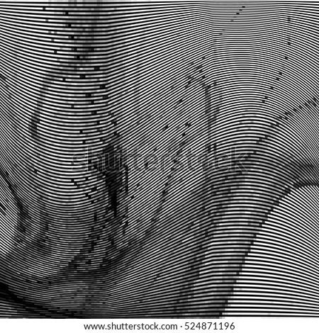 Glitch abstract background with distortion effect, bug, error, random wave black and white, monochrome lines for design concepts, posters, wallpapers, presentations and prints. Vector illustration.